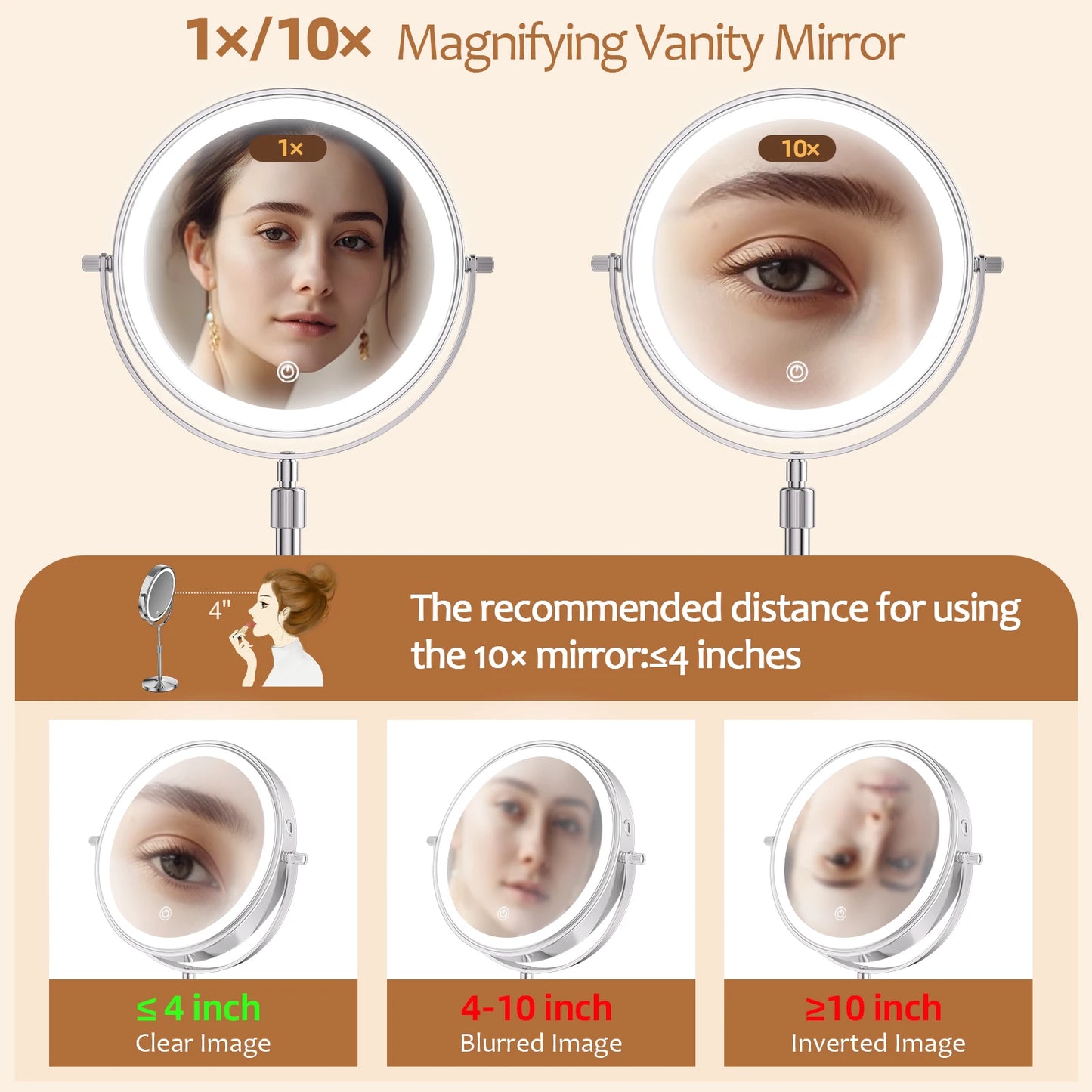 Double Side Standing Makeup Mirror With LED Light and 10x Magnification [8 Inch]