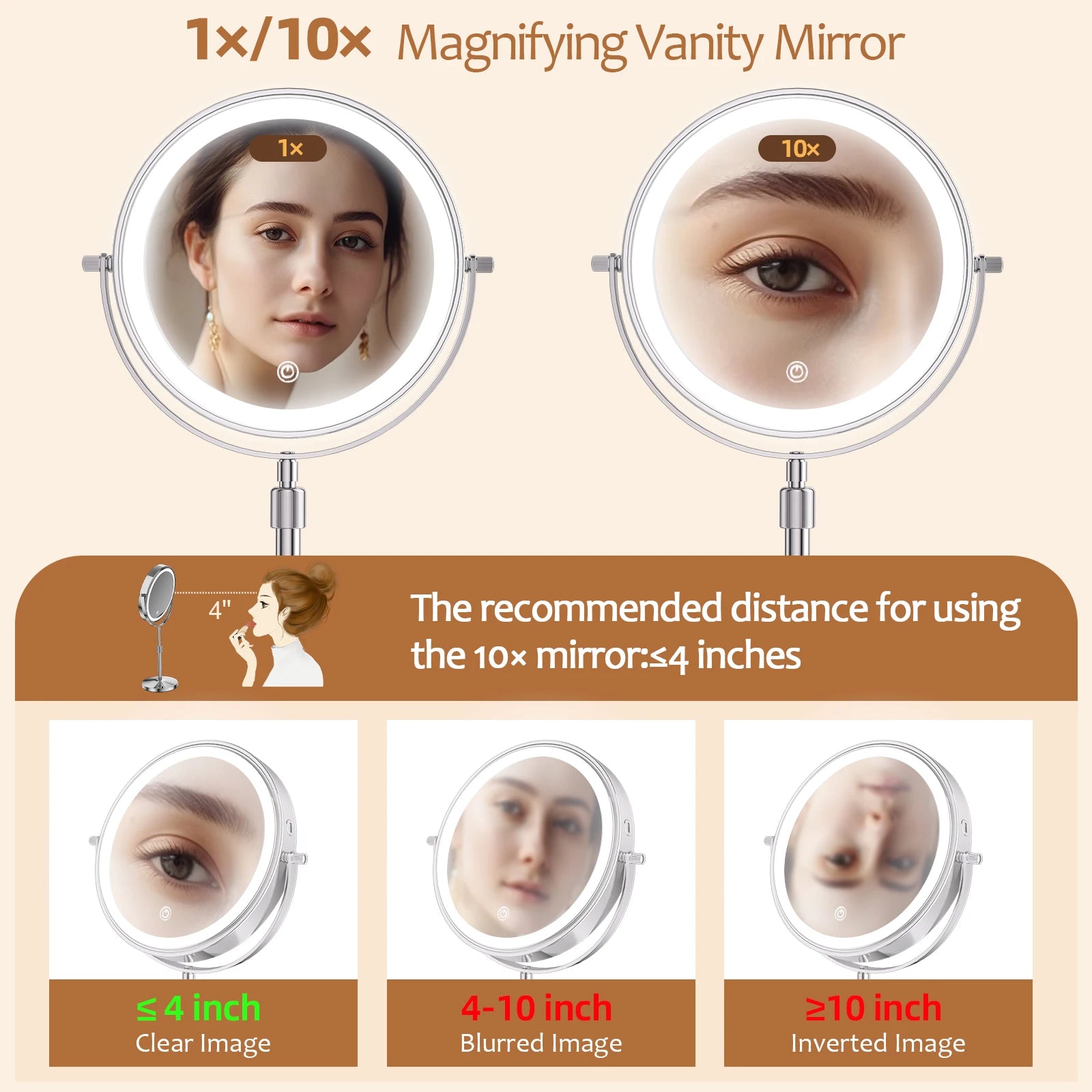 Double Side Standing Makeup Mirror With LED Light and 10x Magnification [8 Inch]