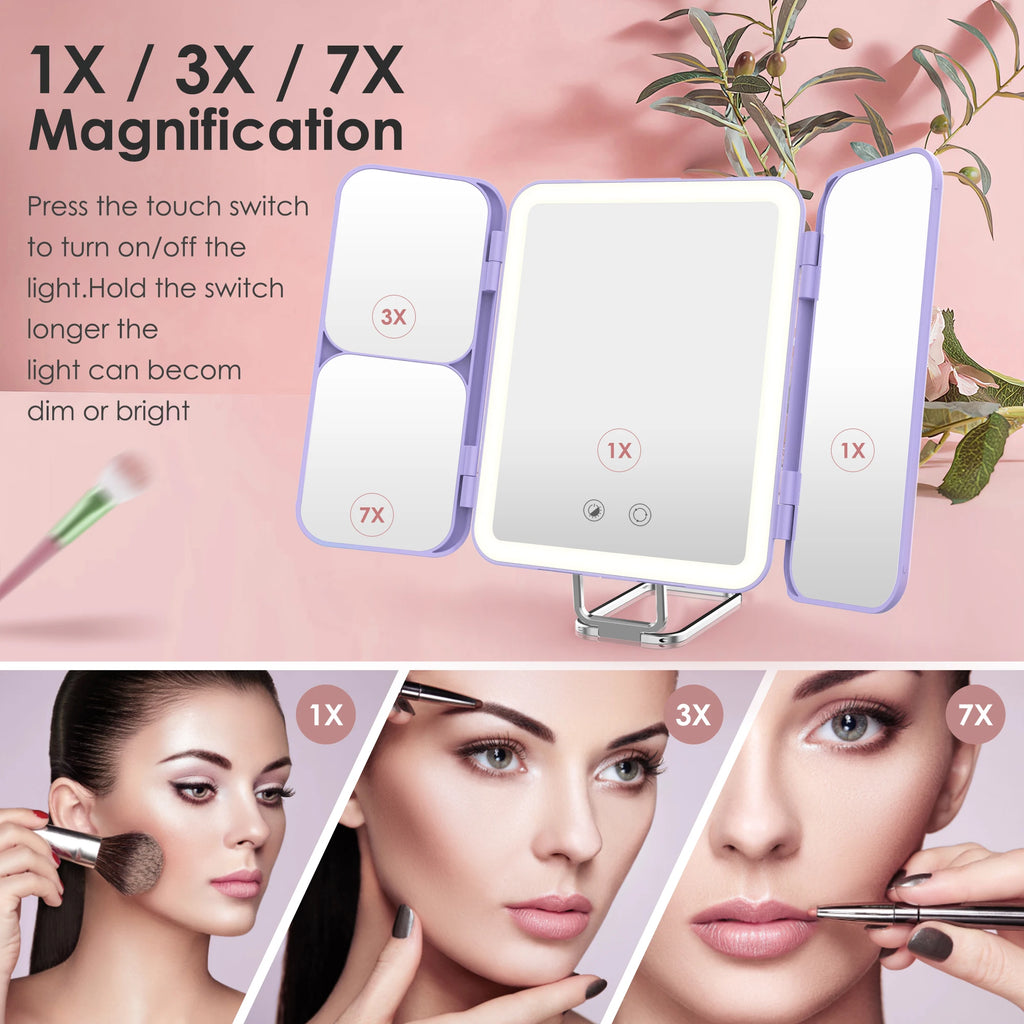 Portable Trifold Led Makeup Mirror with 1X 3X 7X Magnification