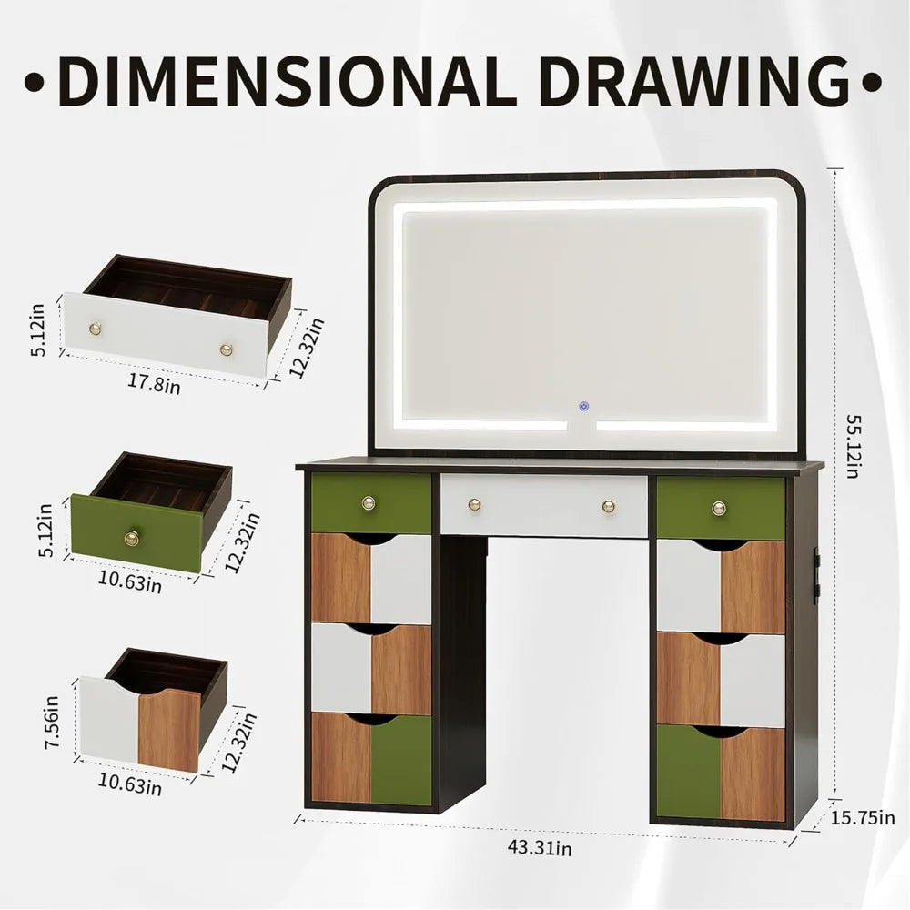 Vanity Desk with Power Outlet, LED Lights, & 9 Drawers