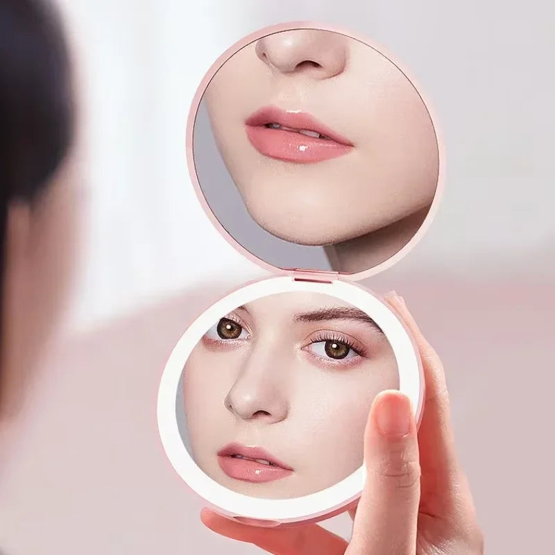 Compact LED Makeup Round Mirror with  2x Magnification