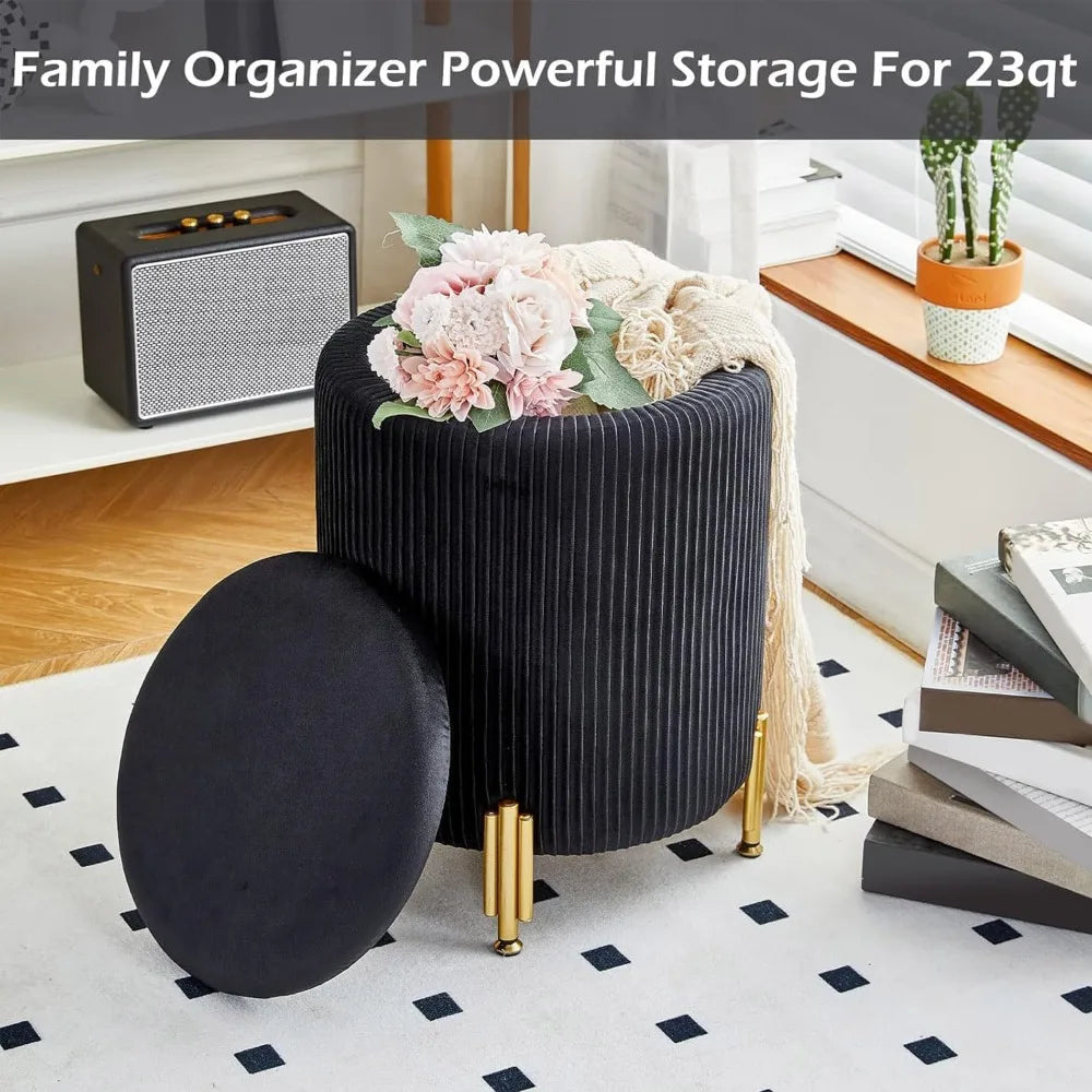 Modern Rounded Ottoman Vanity Stool With Storage & Metal Legs