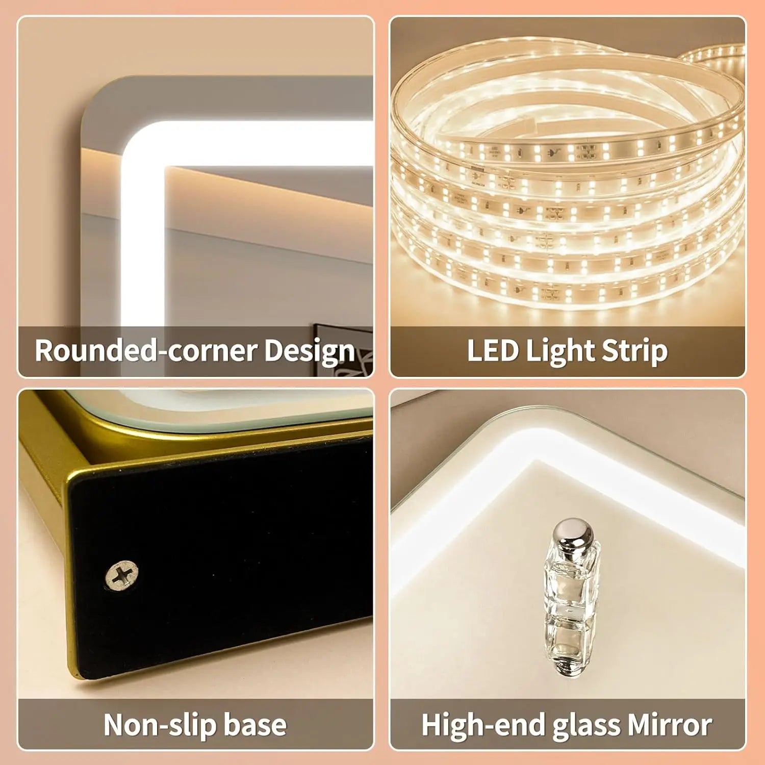 LED Makeup Mirror With Gold Frame - 15x13 Inches