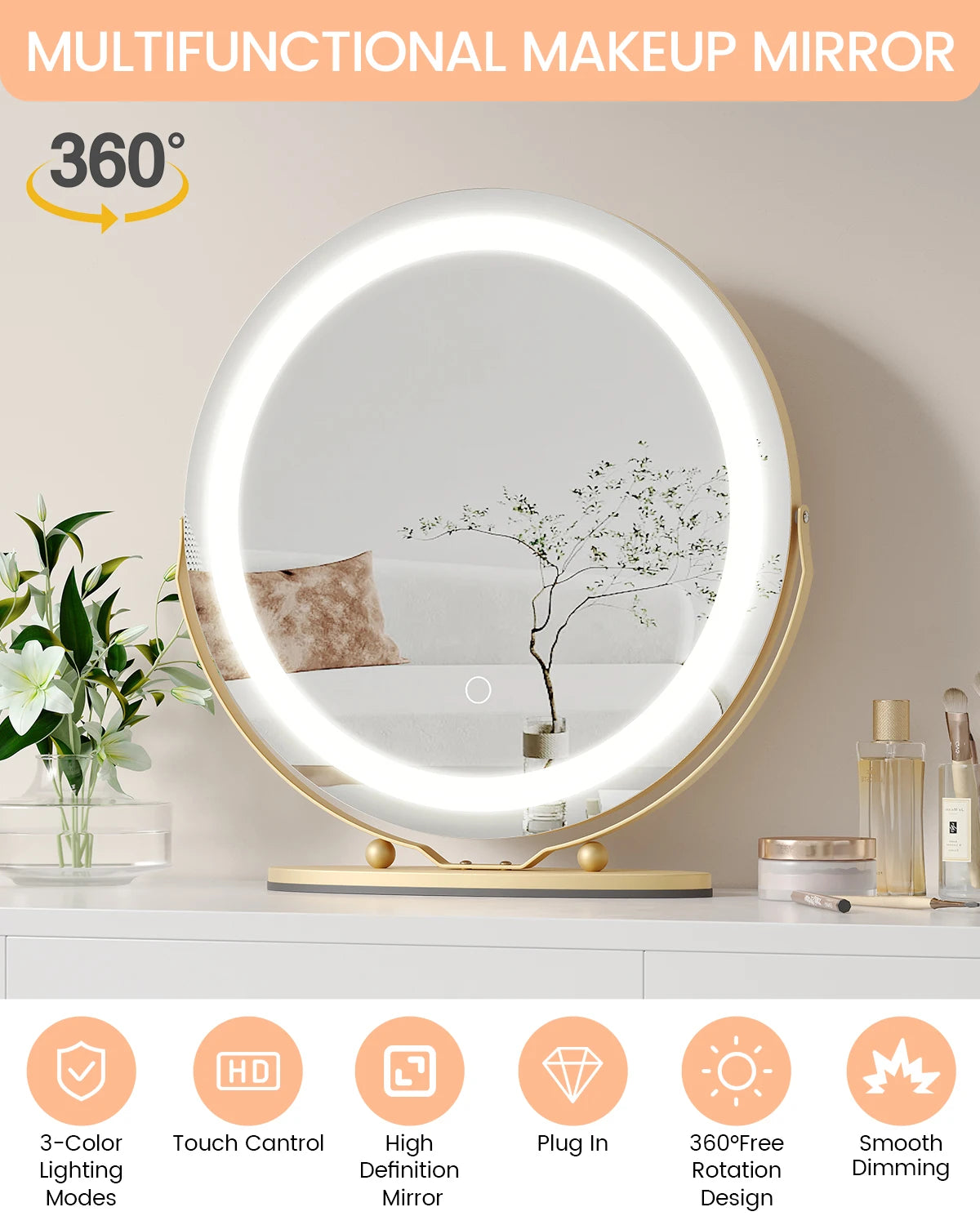 19 Inch Large Round Vanity Mirror With Touch Controls