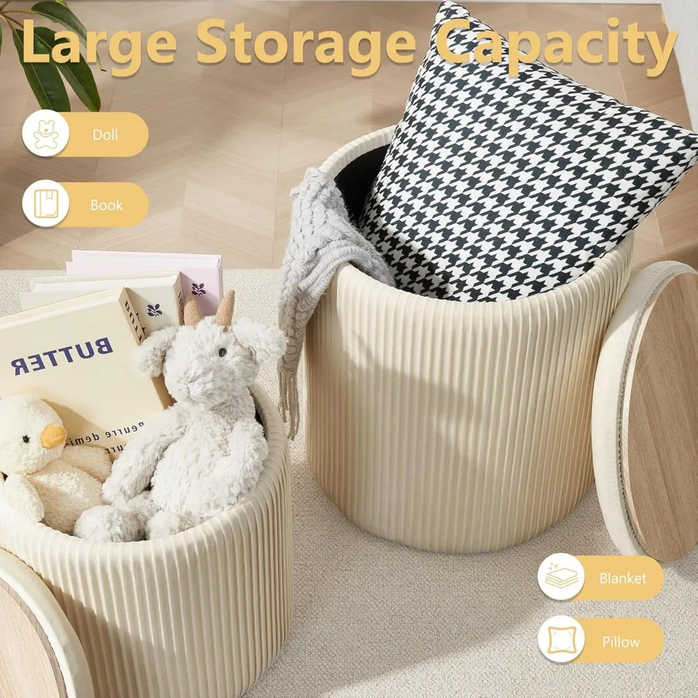 Set Of 2 Round Ottoman Vanity Stool [Beige]