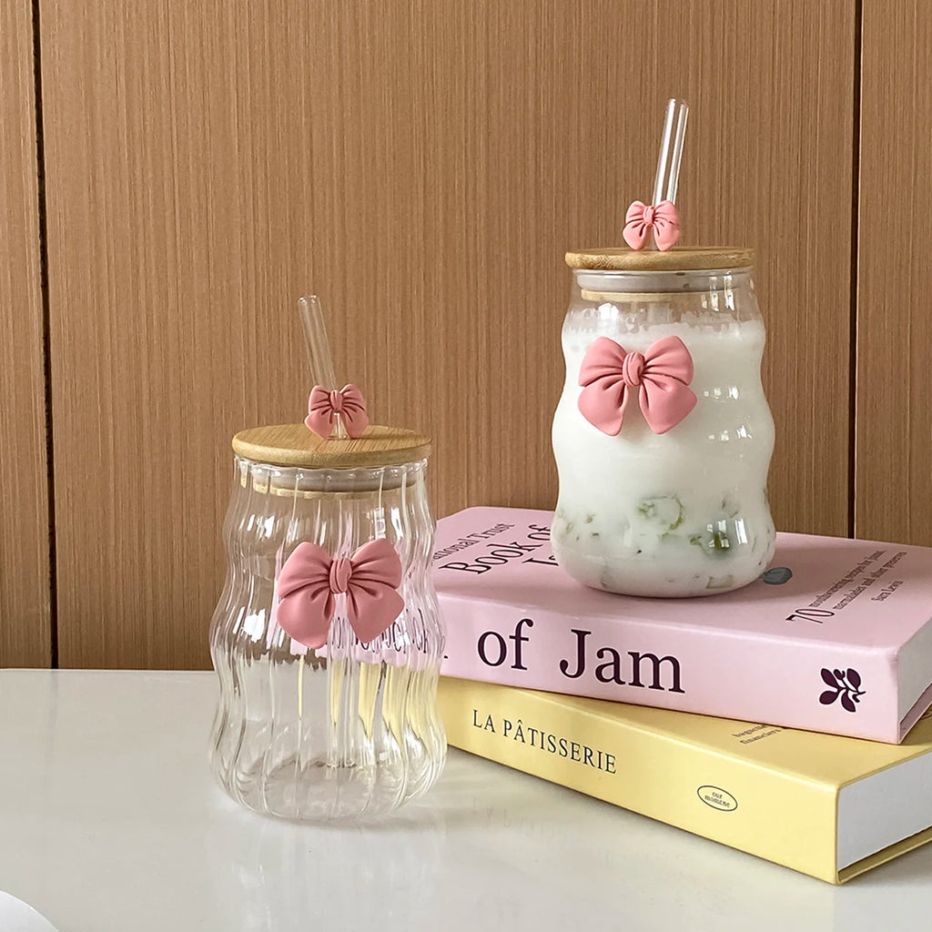 Glass Tumbler With Pink Bow Lid & Straw