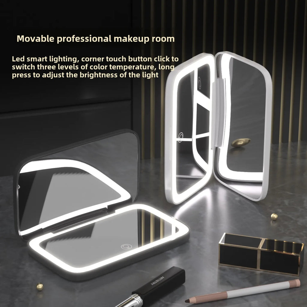 Portable Folding Makeup Mirror with LED Lights & 5x Magnifying