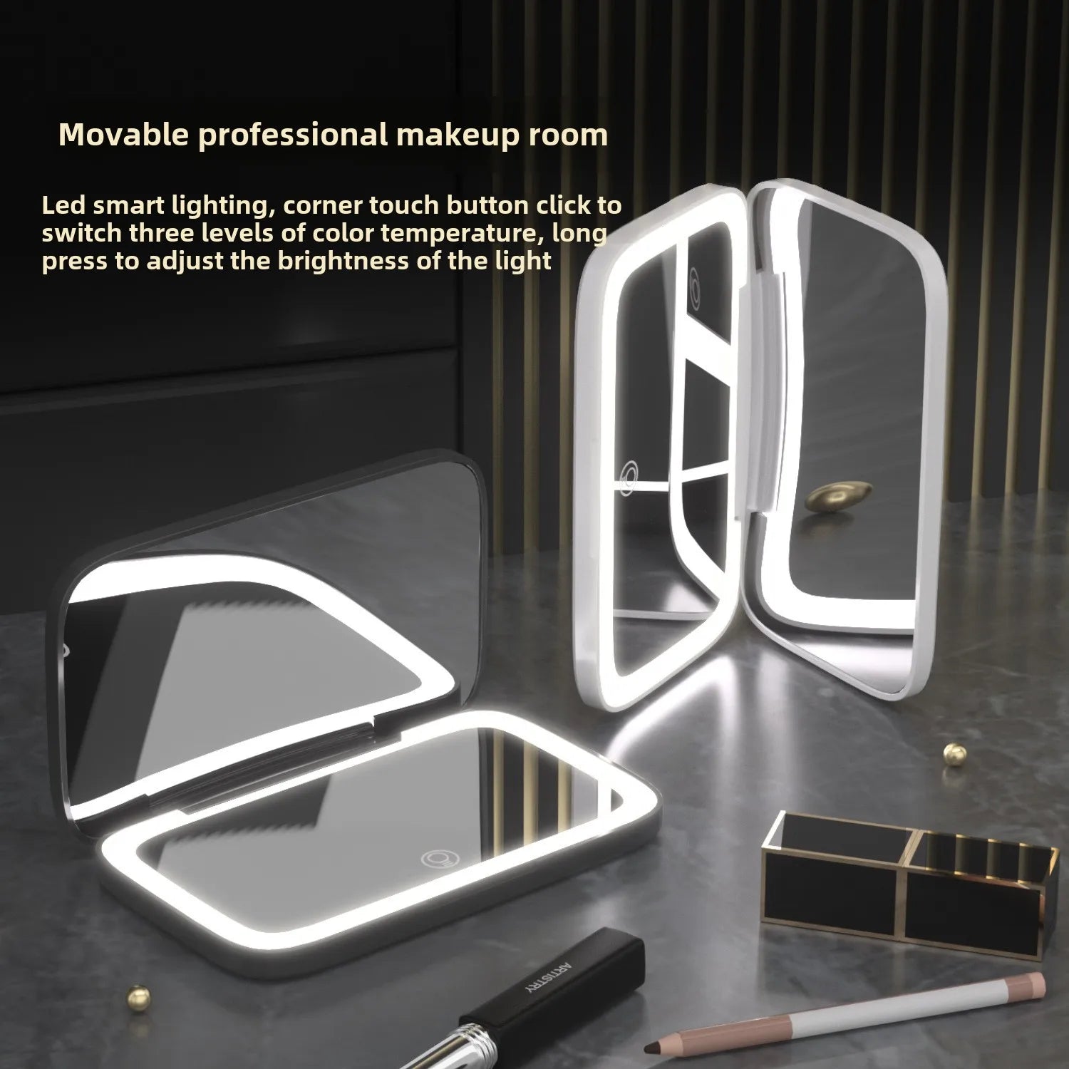 Portable Folding Makeup Mirror with LED Lights & 5x Magnifying