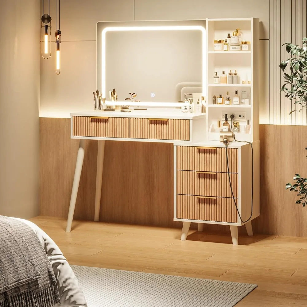 44" Vanity Desk With 5 Drawers & Storage Shelves