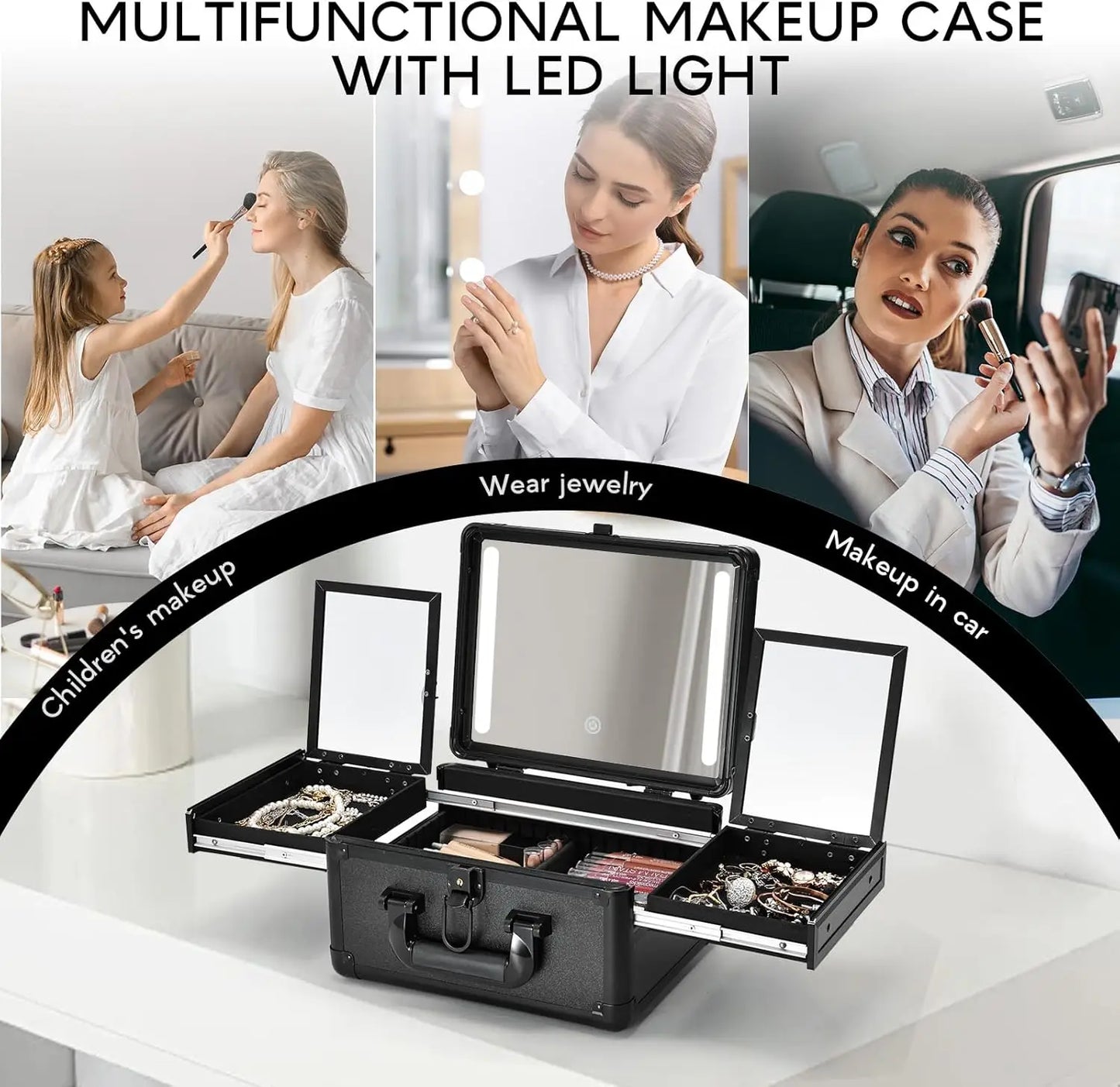 Makeup Storage Case With LED Mirror & Fold-out Trays for Jewelry Storage