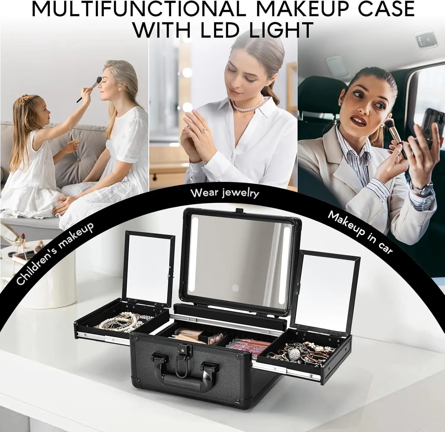 Makeup Storage Case With LED Mirror & Fold-out Trays for Jewelry Storage