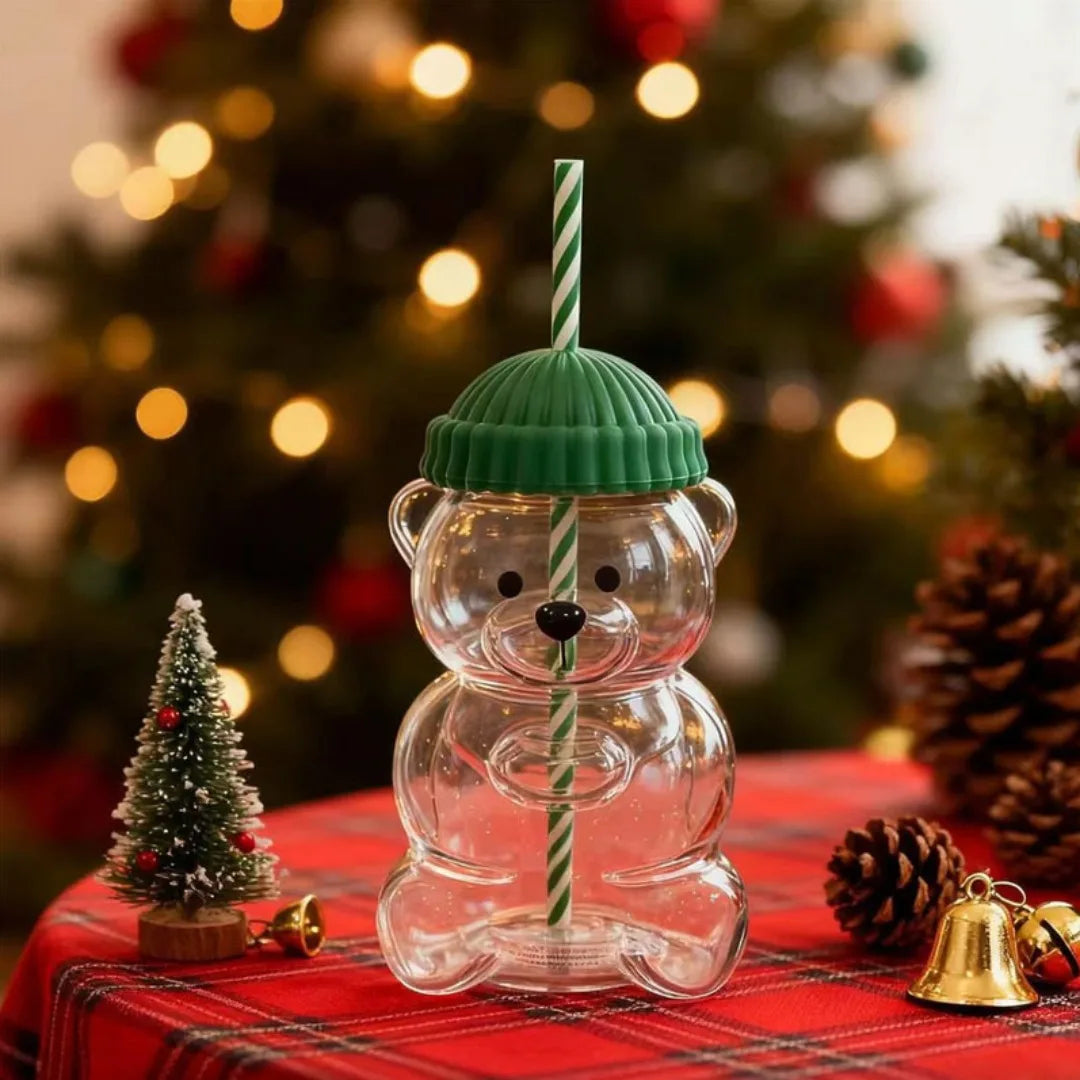 Luxury Bear-Shaped Glass Tumbler With Straw & Lid