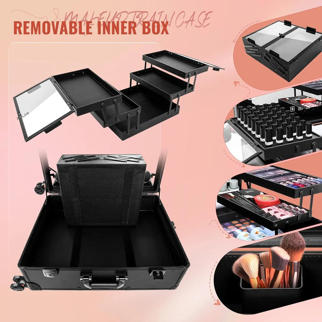 24'' Aluminum Rolling Makeup Trolley With 8 LED Lights and Stand