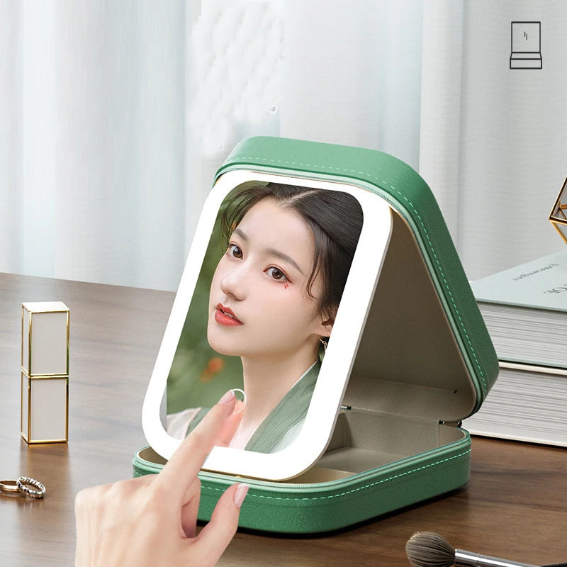 Portable Makeup Jewelry Storage Box with LED Mirror