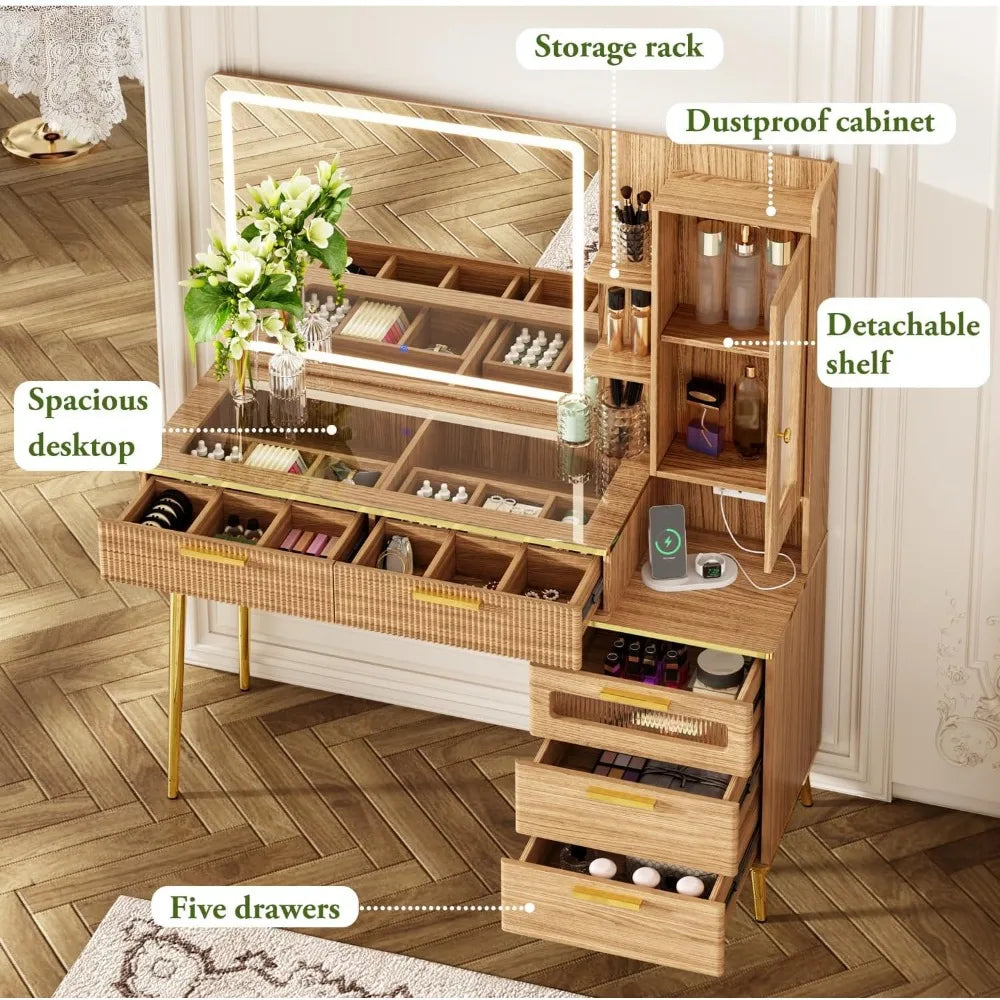 Vanity Desk with Mirror & 5 Drawers