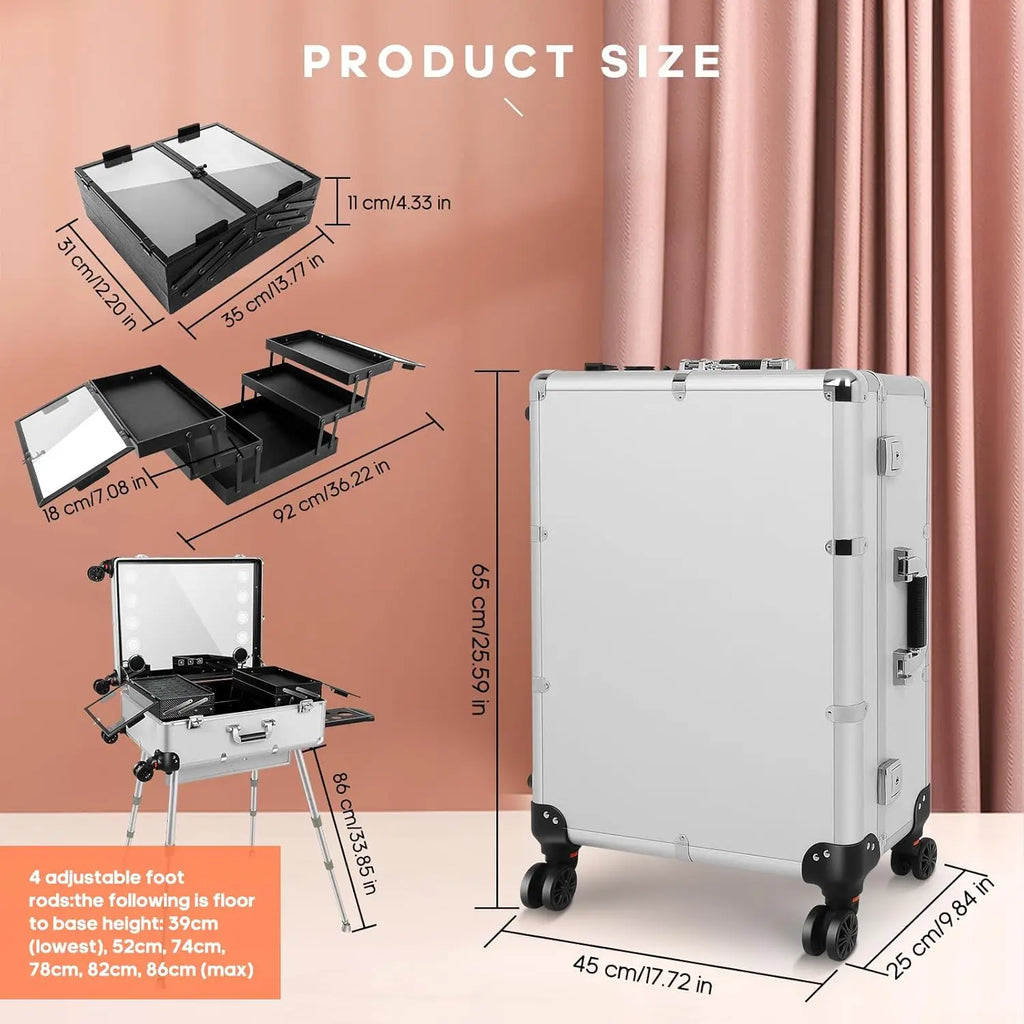 24'' Aluminum Rolling Makeup Trolley with Bluetooth Speakers and LED Lights [White]