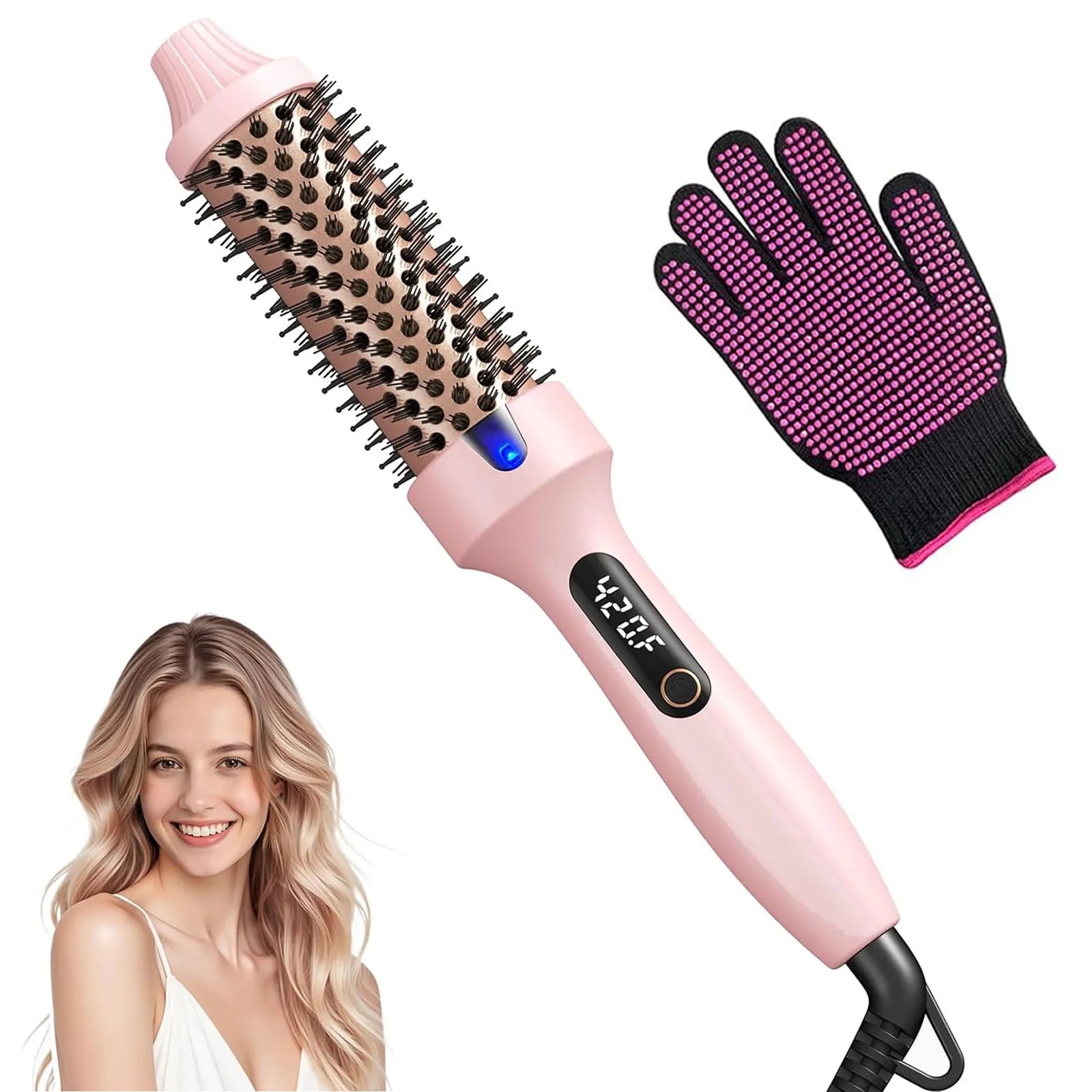 Heated Round Hair Curler Brush - Pink