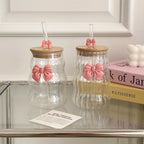 Glass Tumbler With Pink Bow Lid & Straw