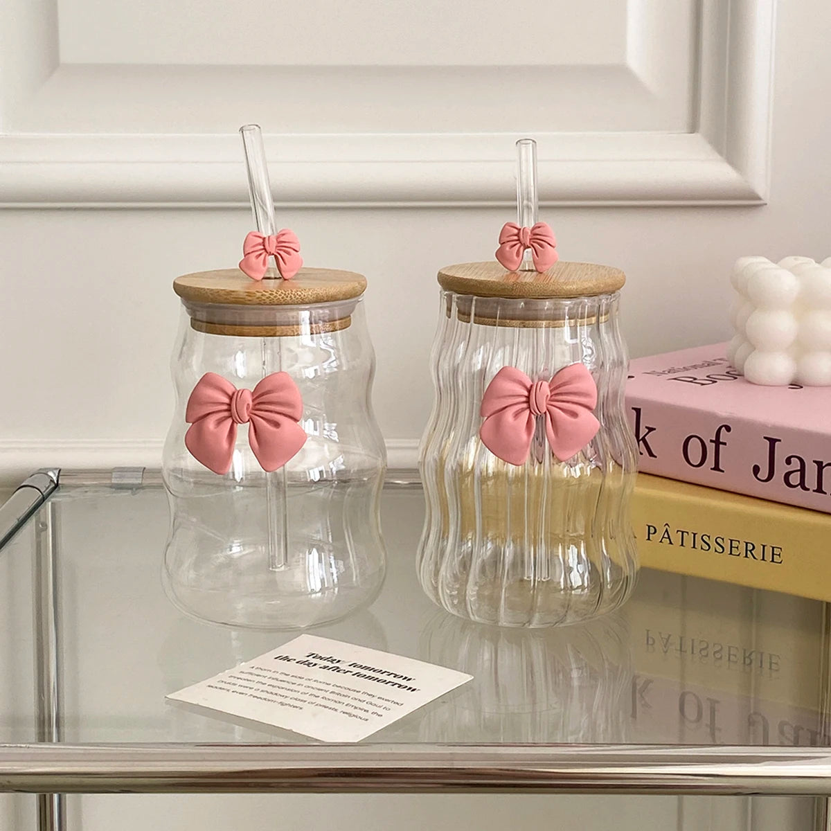 Glass Tumbler With Pink Bow Lid & Straw