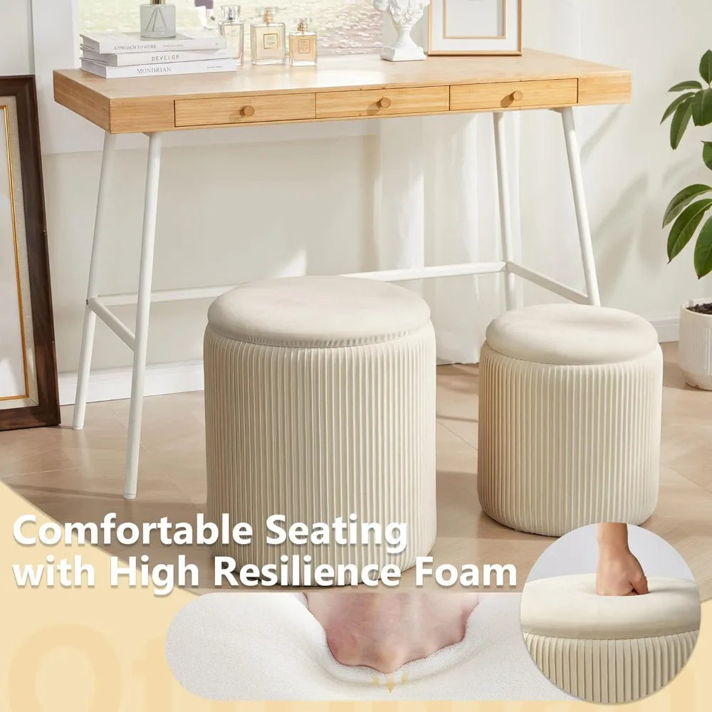 Set Of 2 Round Ottoman Vanity Stool [Beige]