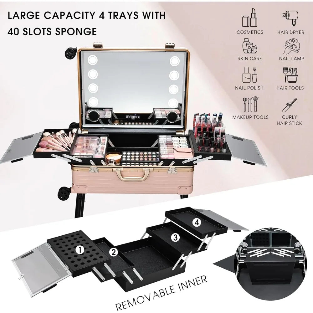24'' Aluminum Rolling Makeup Trolley with Bluetooth Speakers and LED Lights [Pink]