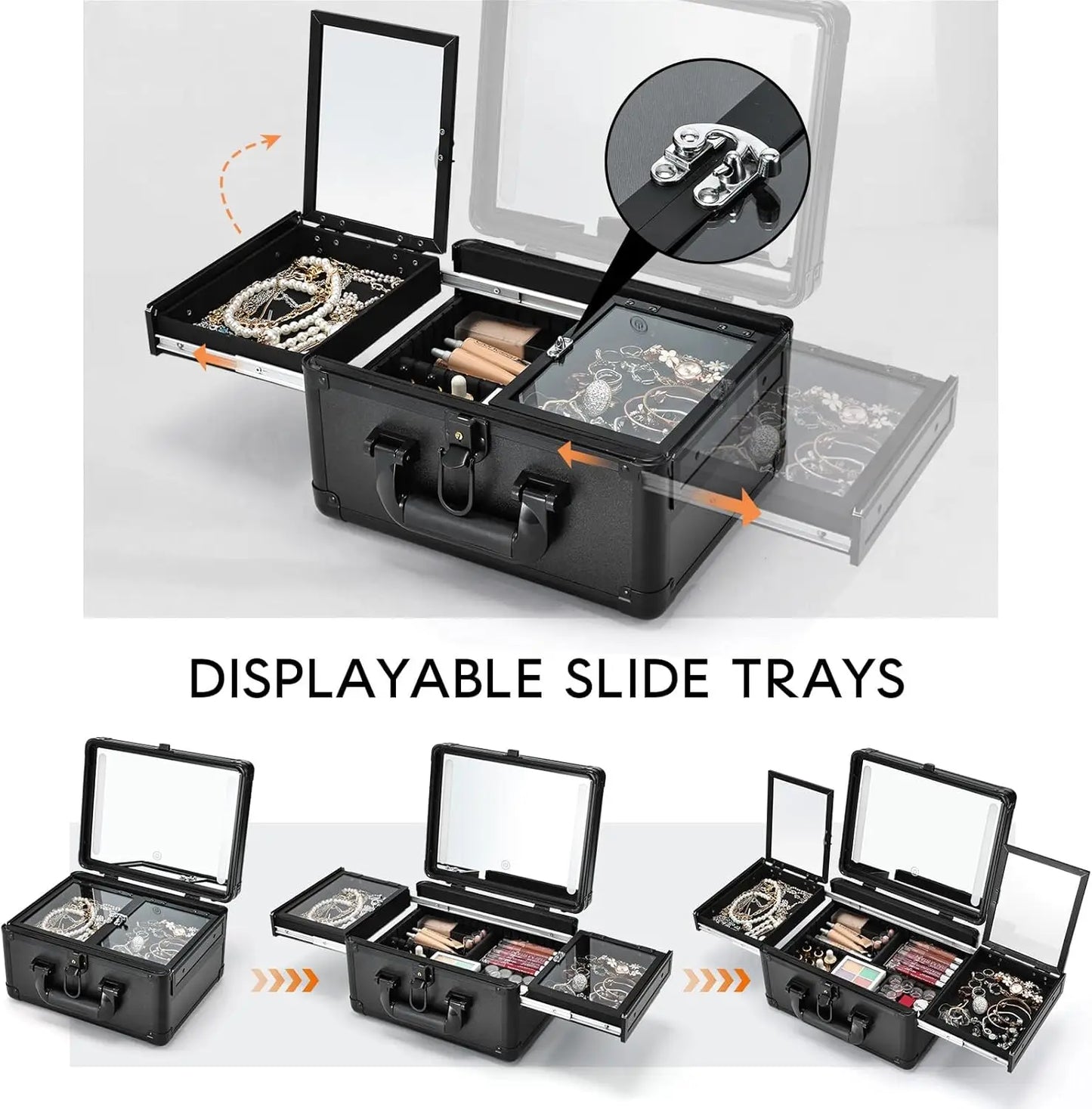 Makeup Storage Case With LED Mirror & Fold-out Trays for Jewelry Storage