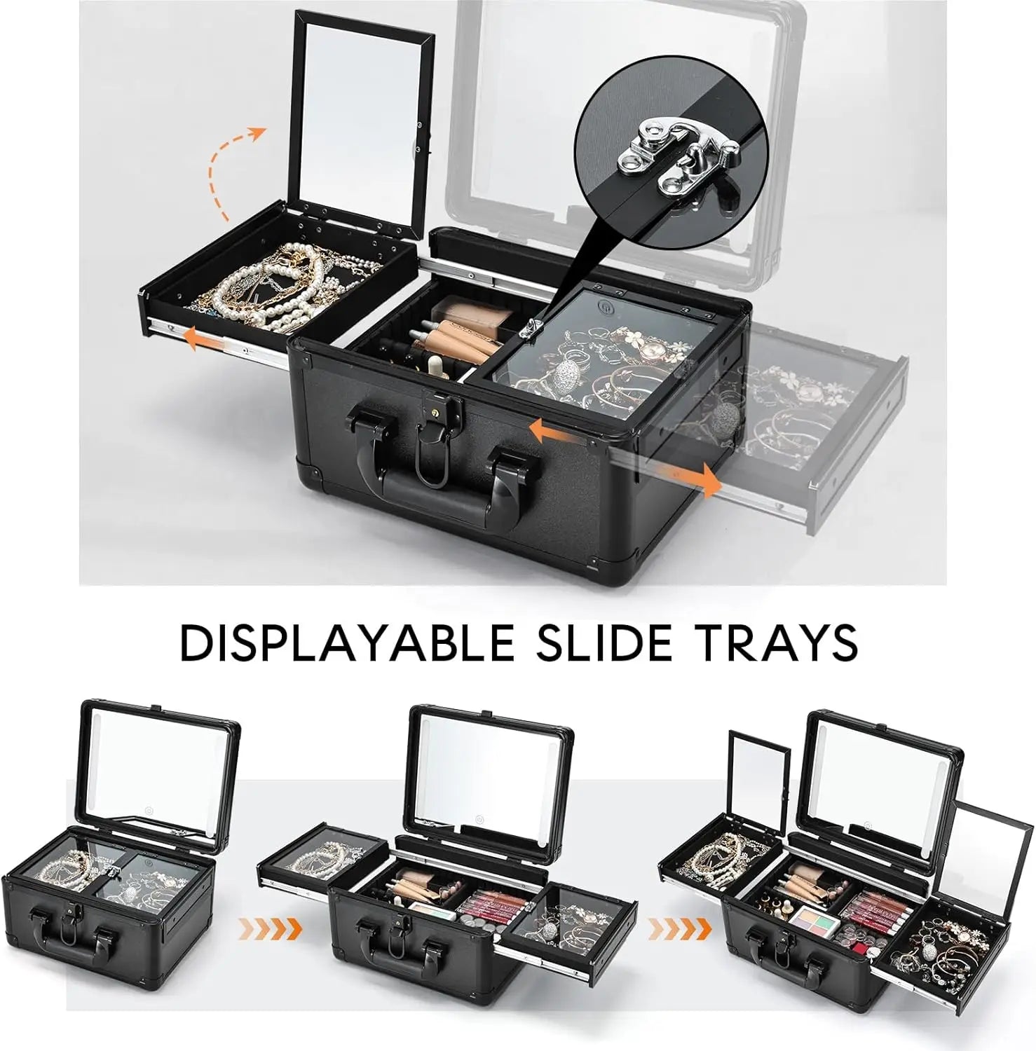Makeup Storage Case With LED Mirror & Fold-out Trays for Jewelry Storage