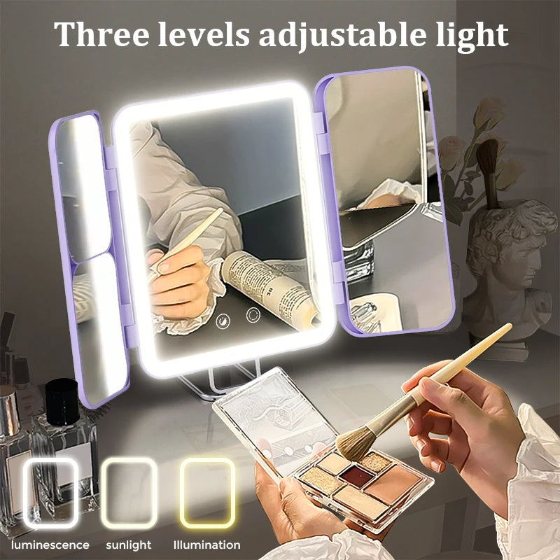 Portable Trifold Led Makeup Mirror with 1X 3X 7X Magnification
