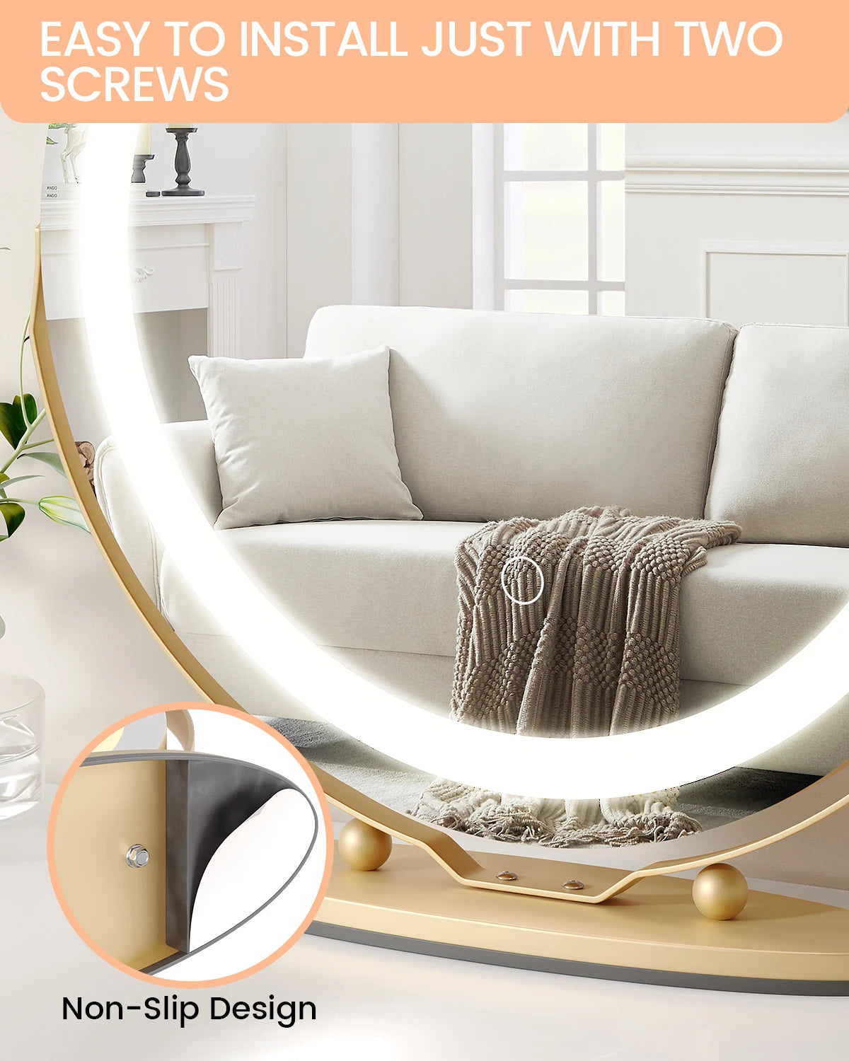 19 Inch Large Round Vanity Mirror With Touch Controls