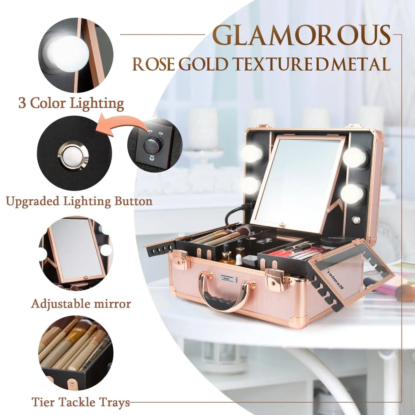 Makeup & Cosmetic Storage Box with LED Light Customizable Dividers