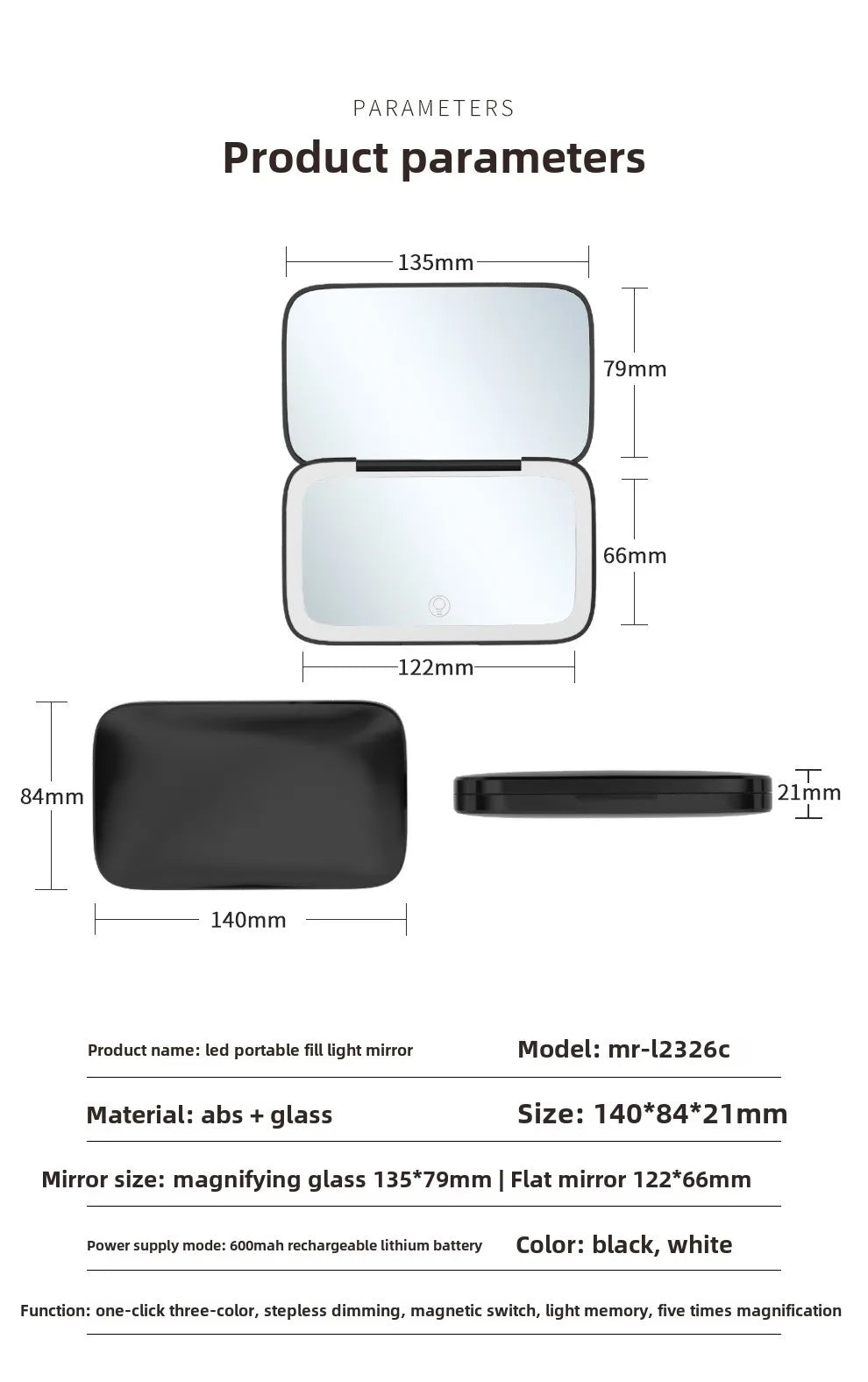 Portable Folding Makeup Mirror with LED Lights & 5x Magnifying