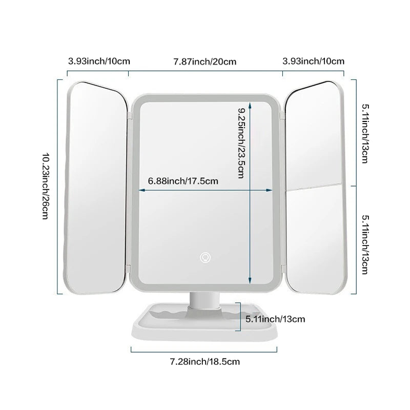 Trifold LED Makeup Mirror with 2x/3x/10x Magnification