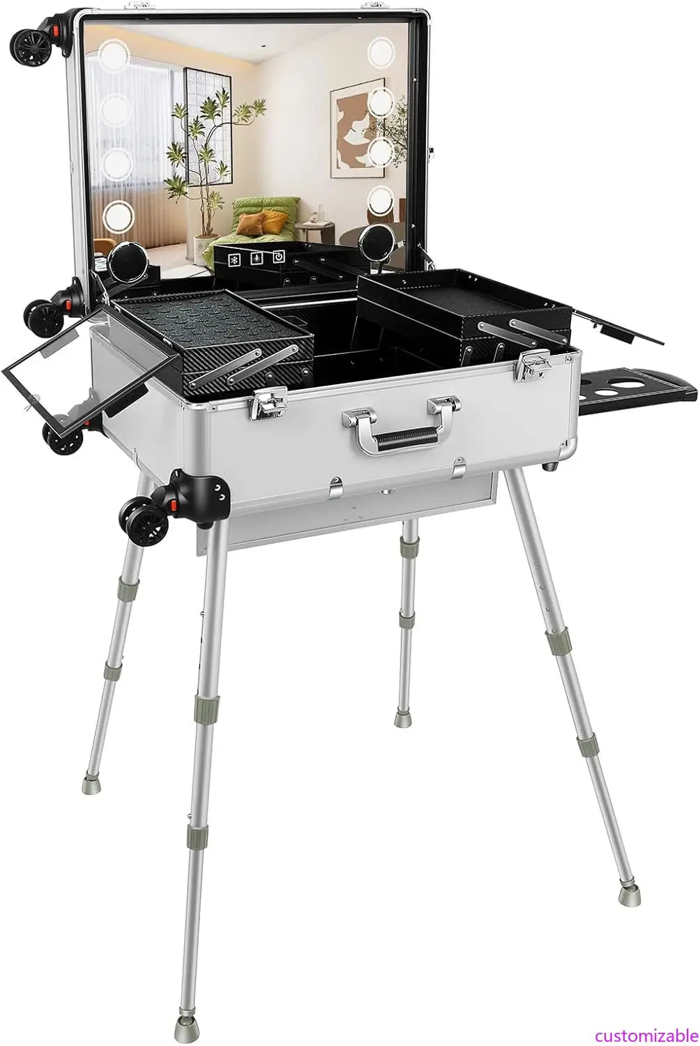 24'' Aluminum Rolling Makeup Trolley with Bluetooth Speakers and LED Lights [White]