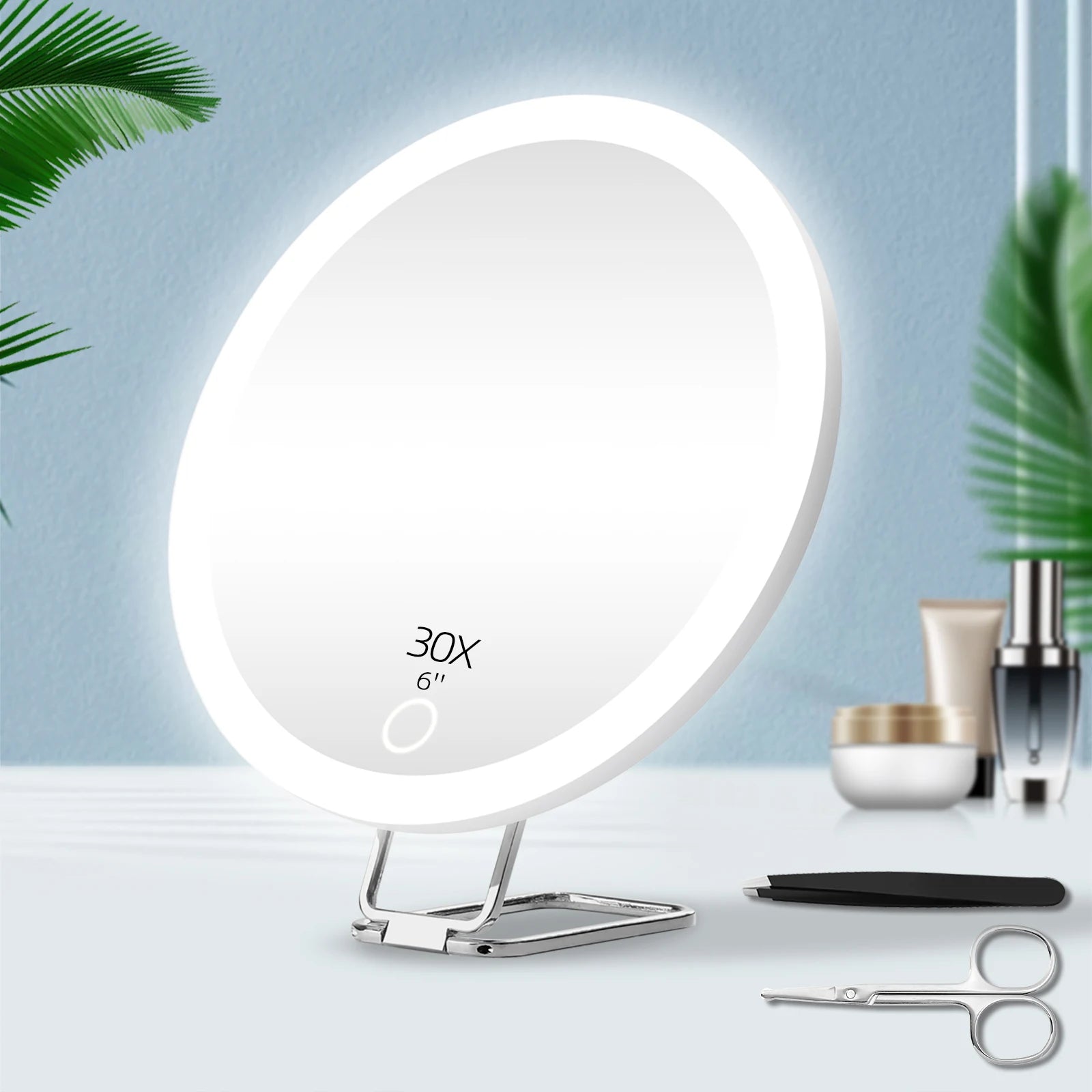 Rounded Standing Makeup Mirror With LED Light & Magnification [10X/20X/30X]