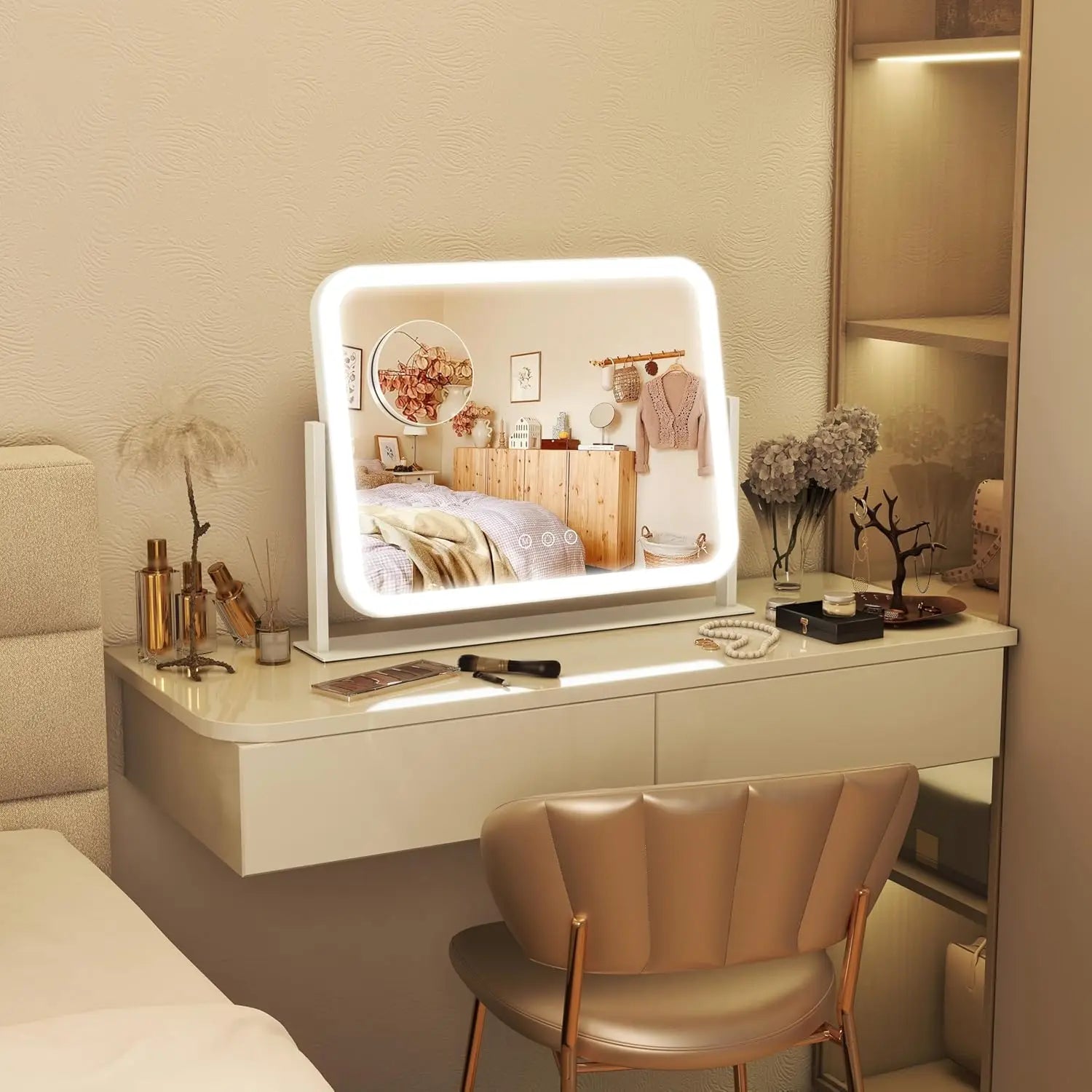 LED Makeup Mirror With Gold Frame - 17x13 Inches