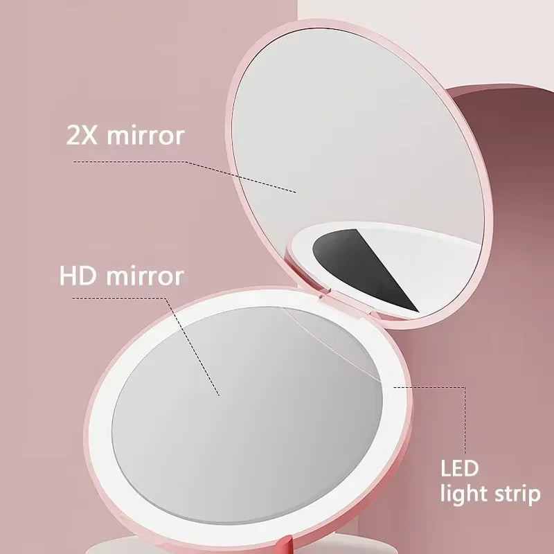 Compact LED Makeup Round Mirror with  2x Magnification
