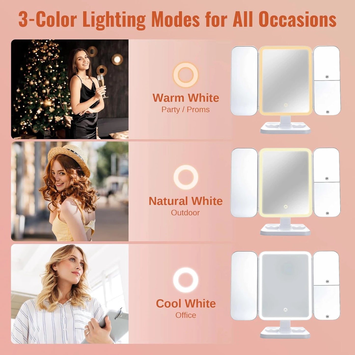 Trifold LED Makeup Mirror with 2x/3x/10x Magnification