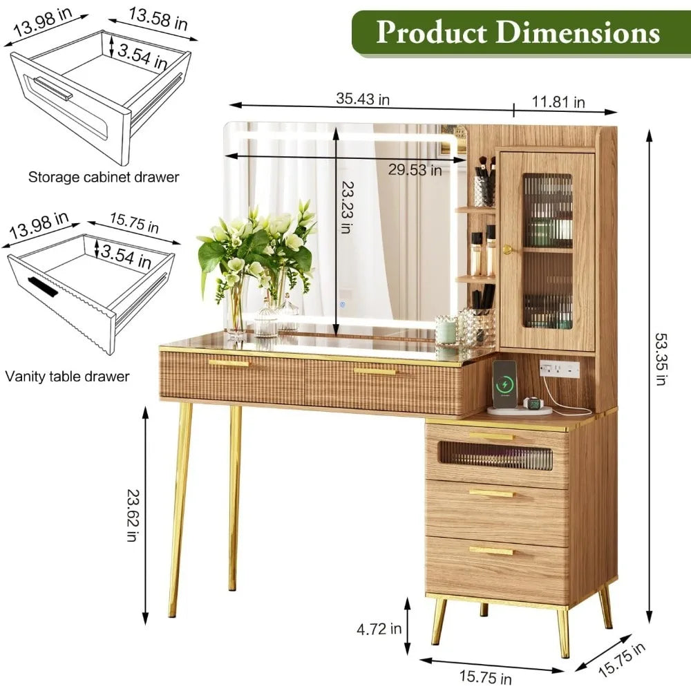 Vanity Desk with Mirror & 5 Drawers