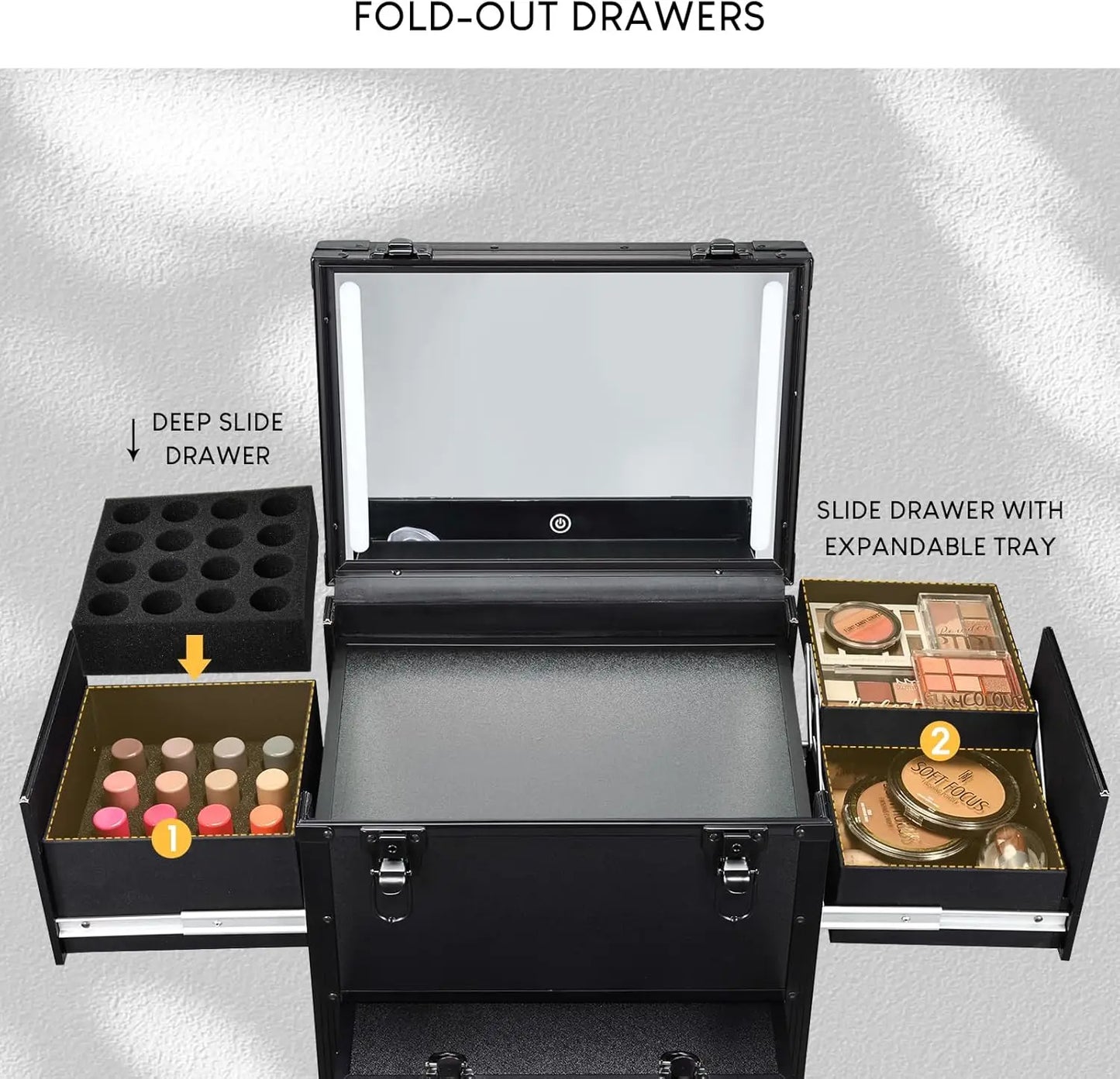 Rolling Makeup Train Case With LED Mirror & Drawers