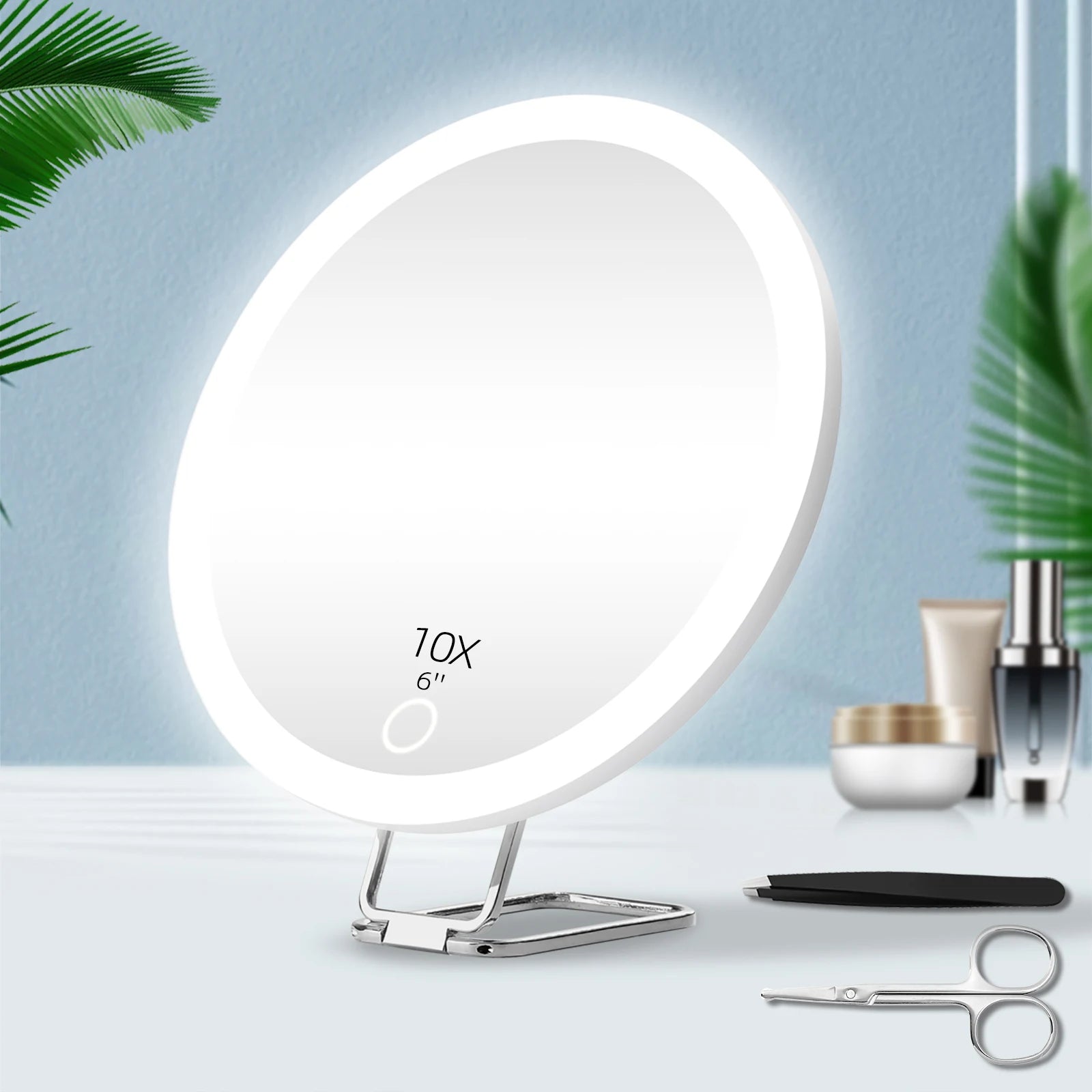 Rounded Standing Makeup Mirror With LED Light & Magnification [10X/20X/30X]