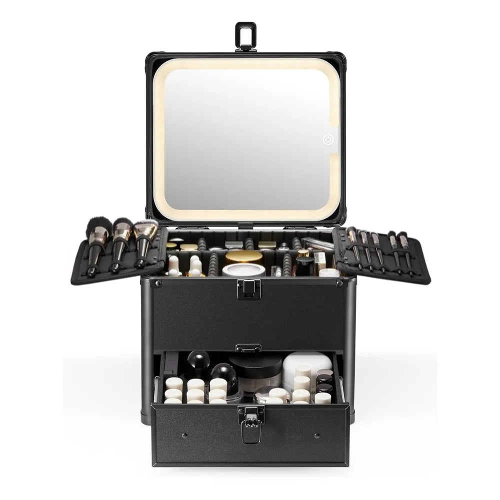 Waterproof Travel Makeup Box with Drawer and A Detachable LED Mirror