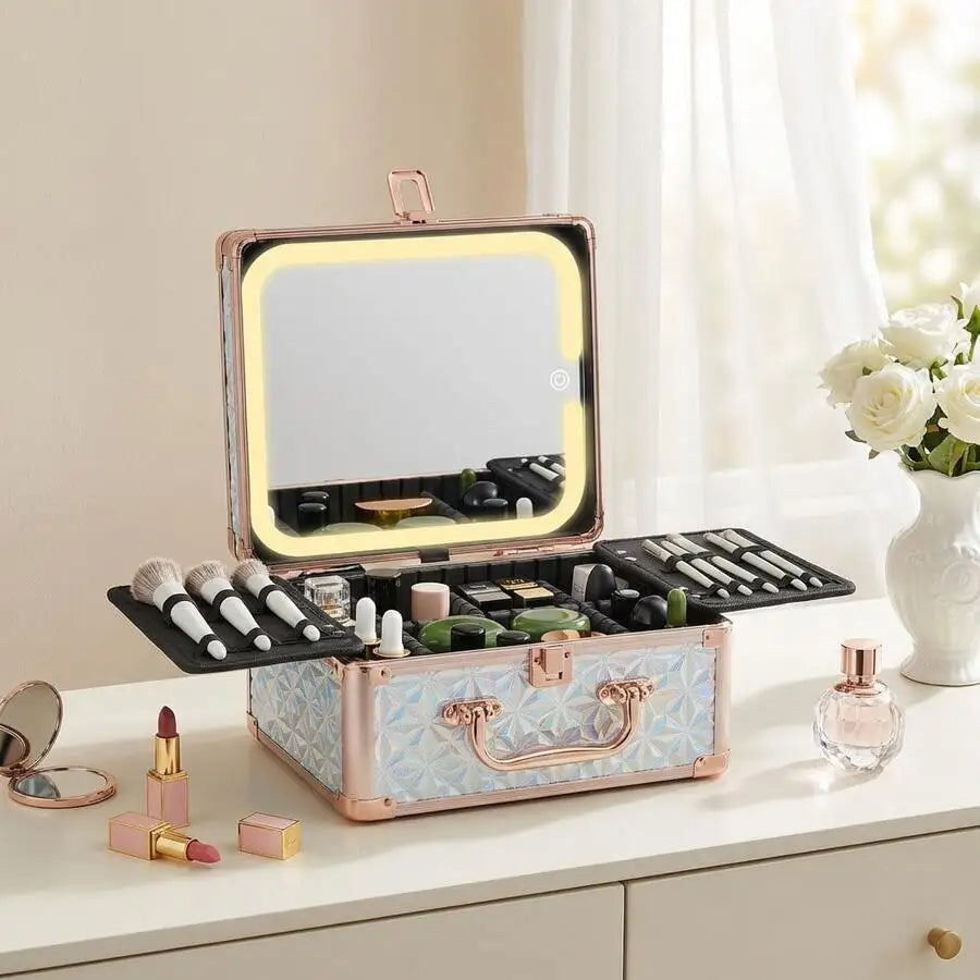 Makeup Case With A Detachable LED Mirror - Sparking Light Blue