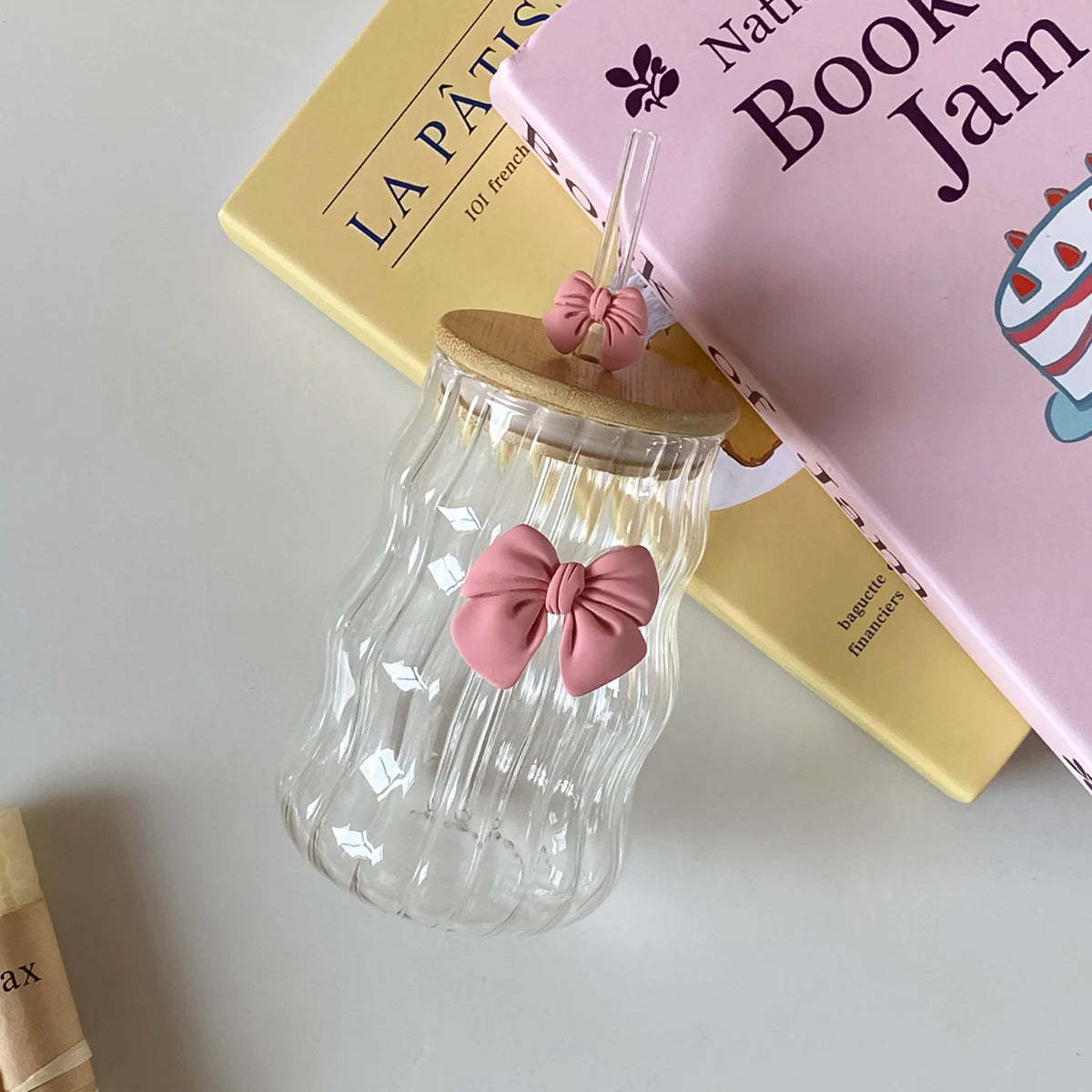 Glass Tumbler With Pink Bow Lid & Straw