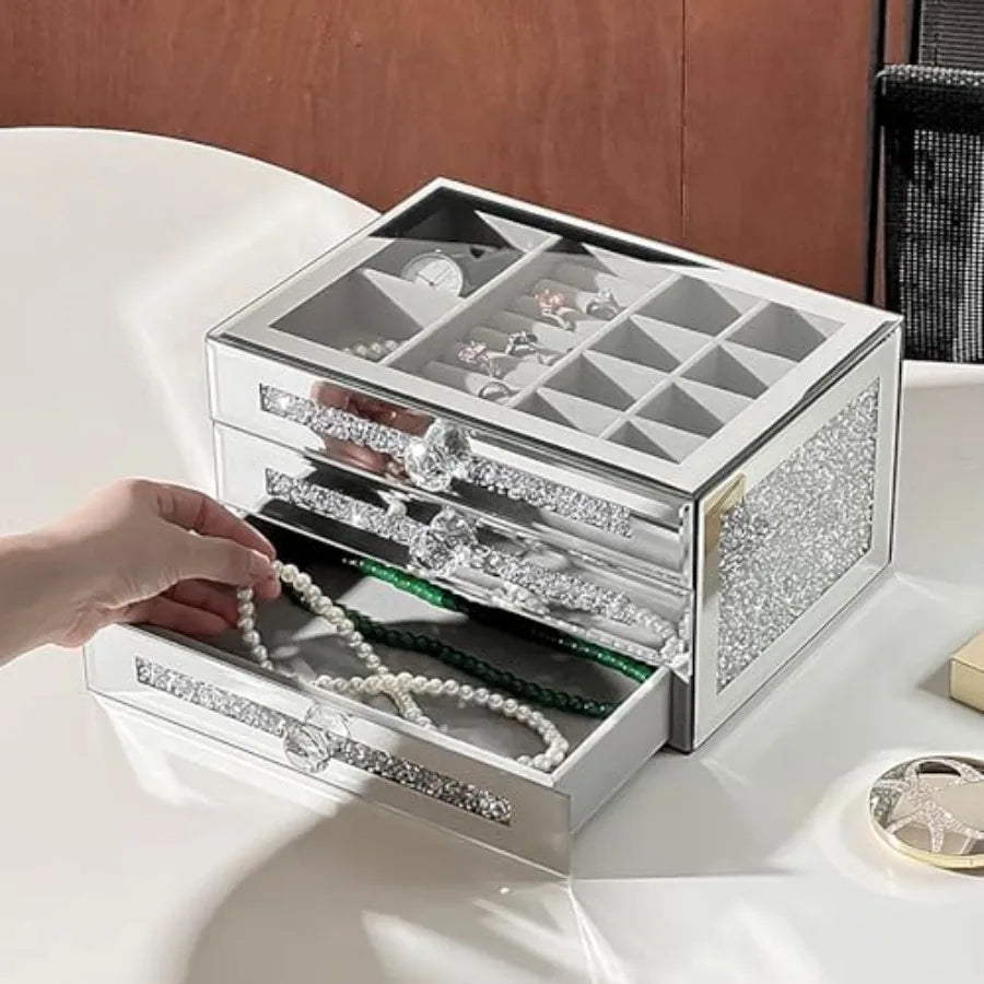Glass Lid Jewelry Organizer With 3 Drawers