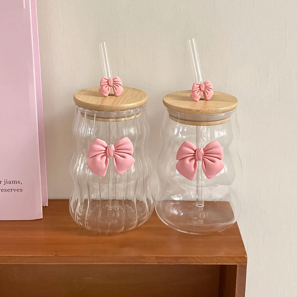Glass Tumbler With Pink Bow Lid & Straw