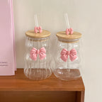 Glass Tumbler With Pink Bow Lid & Straw