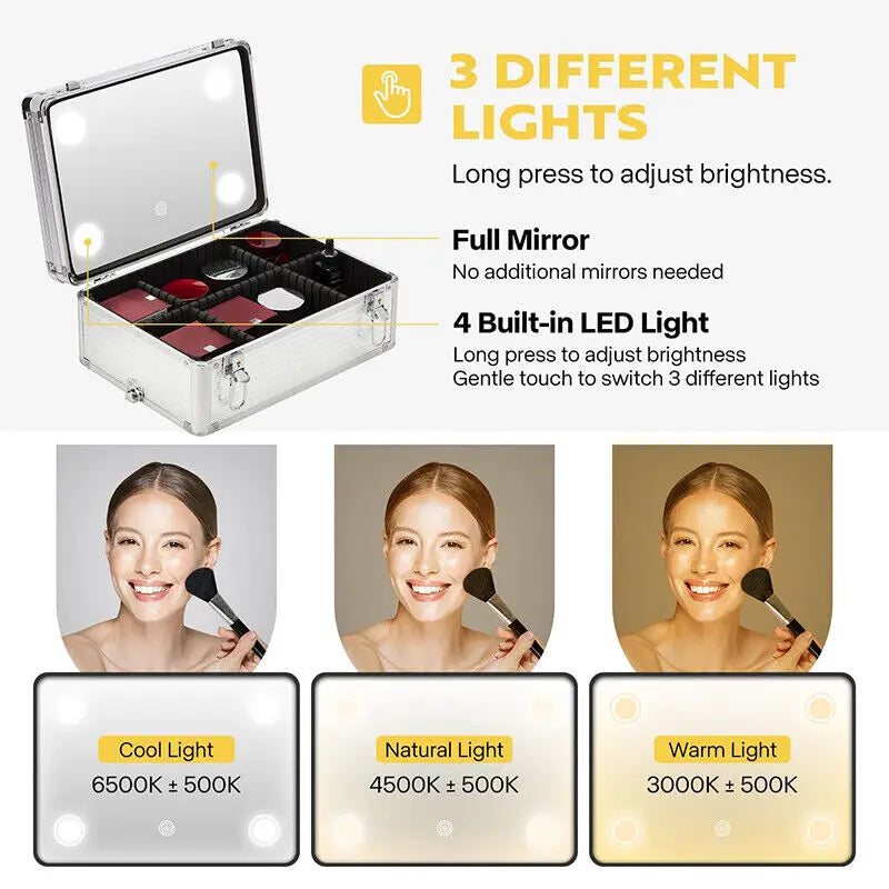 4in1 Makeup Rolling Train Case $ Cosmetic Organizer Box with Led Light Mirror