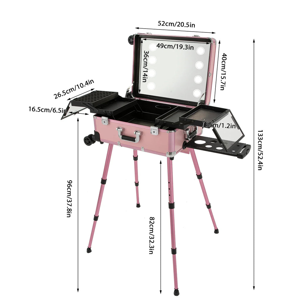Aluminum Rolling Makeup Trolley With 8 LED Lights and Stand