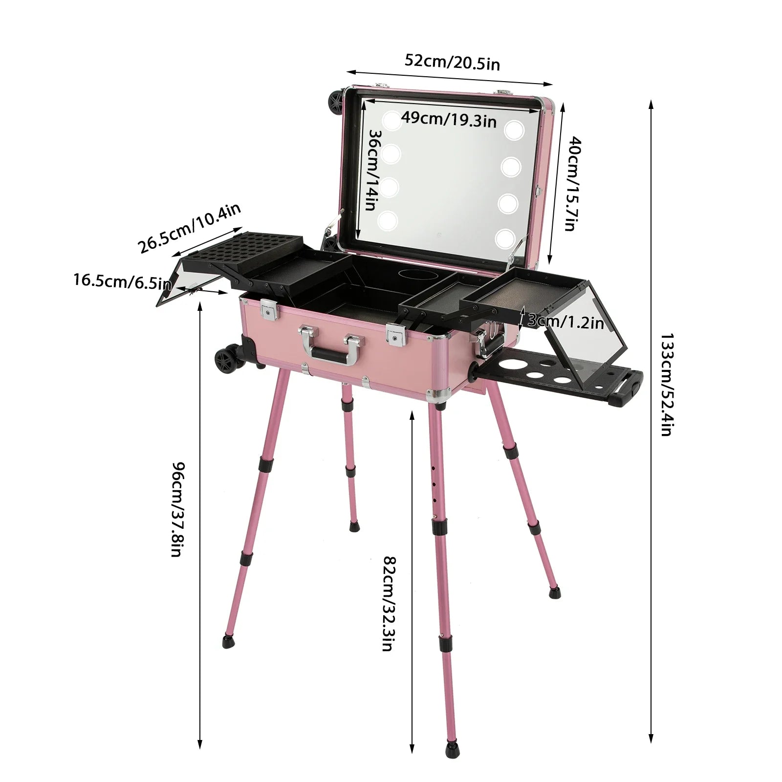 Aluminum Rolling Makeup Trolley With 8 LED Lights and Stand