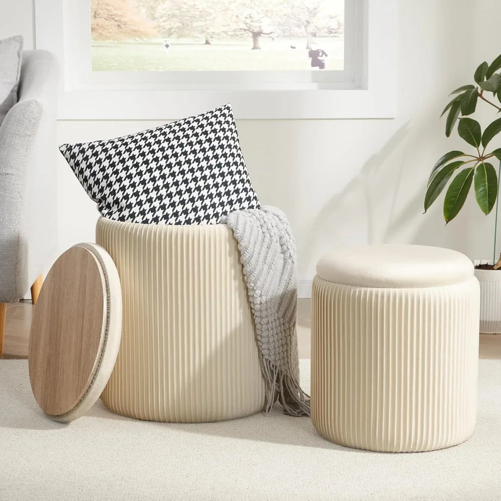 Set Of 2 Round Ottoman Vanity Stool [Beige]
